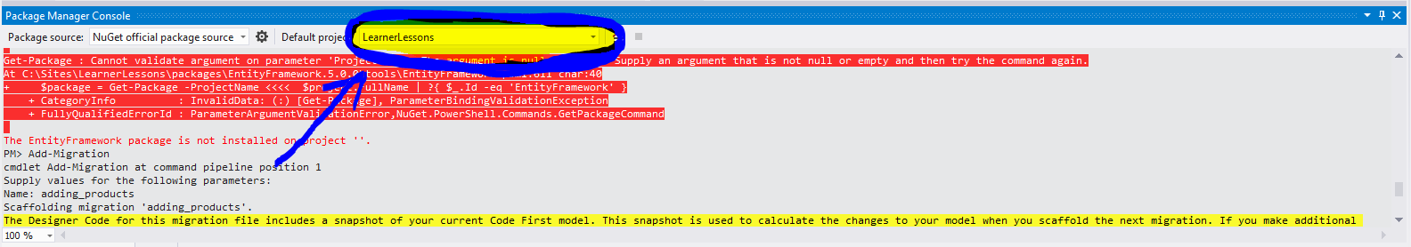 The EntityFramework package is not installed on project ‘’